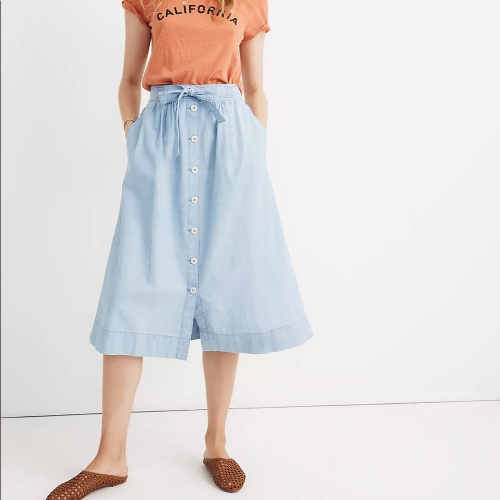Madewell Light Blue Midi Chambray Button Skirt
